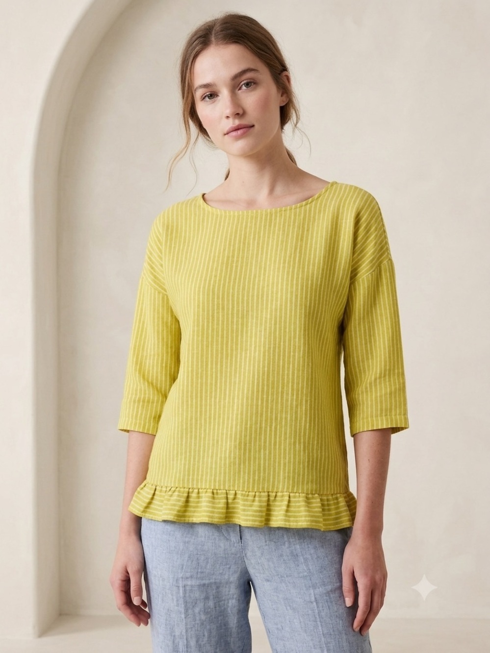 Lungo L'arno 100% Linen Yellow Striped Ruffle Hem Lagenlook Blouse Size M